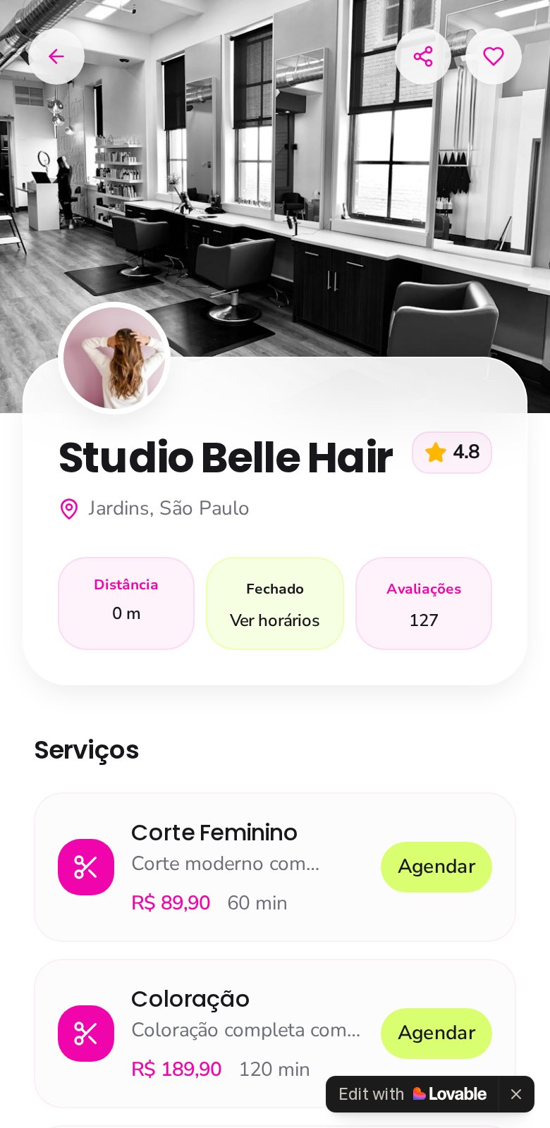 Perfil do Studio Belle Hair com serviços disponíveis no aplicativo Belu