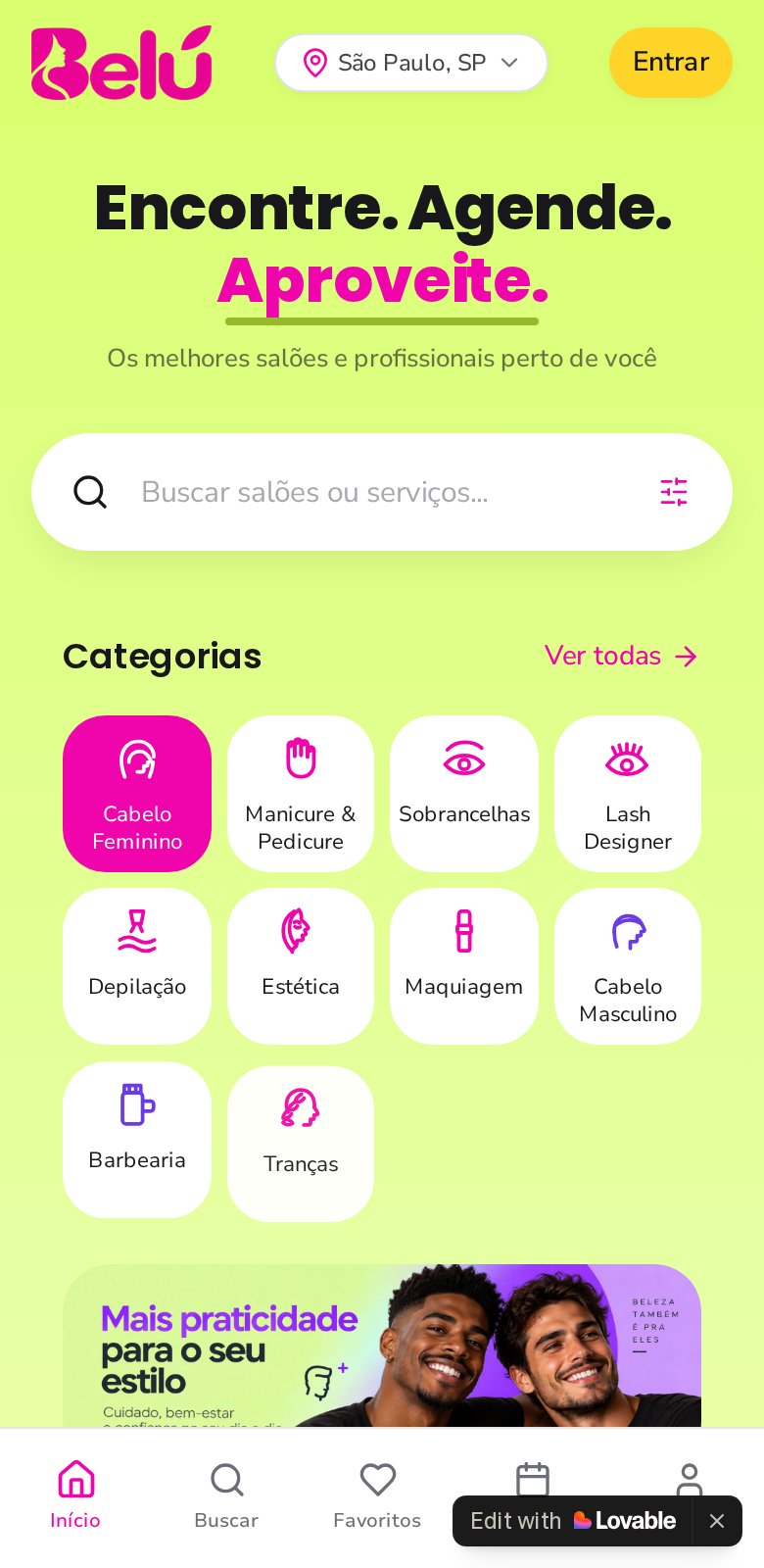 Busca e categorias de serviços no aplicativo Belu